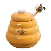 Ceramic Beehive Honey Pot and Wooden Dipper Honey Jar with Lid Honey Stir Bar for Honey Jar Supplie Yellow