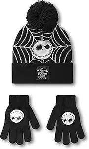 [Disney] The Nightmare Before Christmas Unisex Beanie Hat & Gloves Set | Black Knitted Winter Hat with Jack Skellington Spider Web for Boys & Girls | Kids One Size Warm Bobble Hat and Gloves Gift,