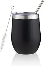 12 oz Insulated Wine Tumbler with Lid and Straw,Stainless Steel Stemless Wine Tumbler Glasses Double Wall Vacuum Wine Cups Tumbler Bulk for Coffee,Champaign,Cocktail（Black,1）