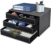 XNONE Faux Leather Desk Drawer Organizer File Cabinet Office Supplies Desktop Organizer for Filing A4 Paper Contract Document Stackable Storage Box with 3 Drawers,Black