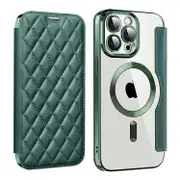 For iPhone 15 Shield Magsafe RFID Anti-theft Rhombus Leather Phone Case - Green