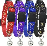Cat Collar Stars and Moon, 4-Pack, Reflective with Bell, Solid & Safe Collars fo
