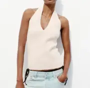 Zara Women's Ribbed Stretch Sleeveless Open Back Halter Top Off-White Sz S NWT