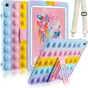 iXTRA Pop Case for iPad 6th 5th Generation 9.7 Inch 2018 2017, iPad Air 1st Gen, Silicone Fidget Rainbow Bubble Case with Kickstand Shoulder Strap Pop it iPad Cover for Kids Girls Women Toys Case