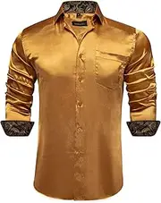 [DiBanGu] Mens Paisley Satin Dress Shirts Regular Fit Silk Casual Long Sleeve Dance Party Shirt Wrinkle Free Mens Tuxedo Shirt