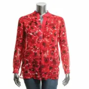 ANNE KLEIN Size 4 Long Sleeve Printed Chiffon Blouse Shirt Top RED