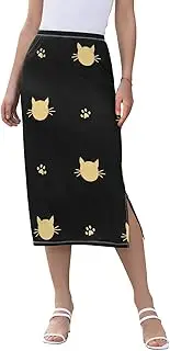 [GuoChe] Womens Midi Skirts for Women Below Knee Trendy High Waist Cute Gold Cats Black Work Split Midi Skirt