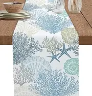 Blue Teal Coral Cotton Linen Rectangle Table Runners 13"x36", Summer Beach Starfish Coastal Modern Geometric Coffee Table Runner Dresser Scarves Luxury Table Runners for Wedding Party Banquet Dinner