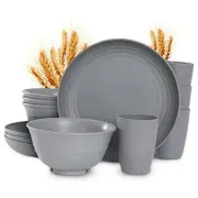 12pcs Plastic Wheat Straw Dinnerware Sets, Wheat Straw Plates and Bowls Gray