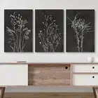 Canvas Wall Art Set of 3 - Duotone Dark Moody Wildflower Silhouette Illustration