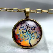Celtic Tree of Life Round Cabochon Glass Bronze Tan Pendant Necklace