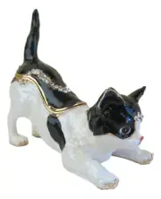 Cat Stretching Jewelled & Enamelled Trinket Box Black & White approx 6cm High