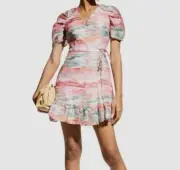 $245 Aidan Mattox Women's Pink Short-Sleeve Ruffle Wrap Dress Size 12