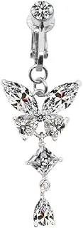 [COLORFUL BLING] 3 pcs Fake Belly Ring Evil Eyes Devil Butterfly Heart Dangling Fake Belly Button Ring CZ Clip On Non Piercing Fake Belly Button Piercing for Women Stainless Steel Faux Belly Rings
