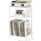 Record Player Stand, 3-Tier White Side Table with Charging Station, Small End...