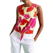 Sanctuary Ladies Pink & Green Neon Palm Leaf Print Sleeveless Tie Front Top, XS