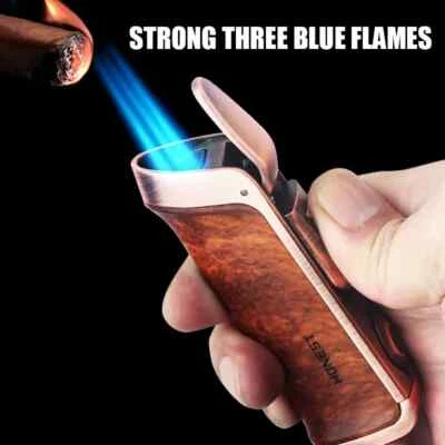 Vintage Luxury Metal Blue 3 JET Flame Cigar Lighter Gas Butane With Punch Cutter