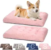 POMIU 2-Pack Washable Dog Bed, Deluxe Plush Crate Beds with Anti-Slip, Machine Washable Kennel Pad Sleeping Mat for Large, Medium and Small Dogs (2 Pack x Pink, 29.0" L x 21.0" W x 3.0" Th)