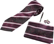 [Zasel] Mens Burgundy Boho Paisley Striped Matching Neck Tie, Pocket Square, Cuff Links And Tie Clip Set Burgendy, Black, White, Baby Pink,