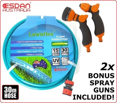 KNITTED GARDEN WATERING HOSE 12mm x 30m ANTI KINK UV FITTED TWO BONUS SPRAY GUNS