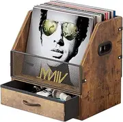 VonDream Vinyl Record Storage with Drawer, Vinyl Record Box Case Crate, Desktop Metal & Wooden LP Record Crate, Holds up to 60 Records (Antique)