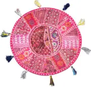 18" Pink Handmade Round Patchwork Indian Home Decorative Floor Cushion Cover