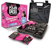 My First Power Drill - 60-Piece Working Tool Set for Girls - Rechargeable Cordless Pink Drill with LED Light - Learning, Building & Construction Kit for Kids - With Carrying Case, Charger