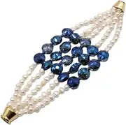 SKYLL 5 Strands Natural White Keshi Potato Pearl Blue Glass Crystal Coin Bracelet Handmade for Women