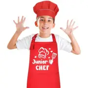 Kids Apron and Chef Hat Set, “Junior Chef” Apron Adjustable Child Apron Red
