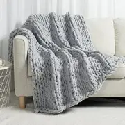 Chunky Knit Throw Blanket Twin, 100% Hand Made Large 60" X 80" Light Grey