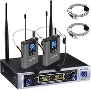 Hotec UHF Dual Wireless Microphone System with Lapel Lavalier and Headset Microphones Over PA, Mixer, Speaker, Karaoke Machine for Church, Training, Classroom, Interview (H-K25)