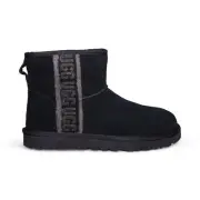 UGG CLASSIC MINI SHEARLING LOGO BLACK SUEDE ANKLE WOMEN'S BOOTS SIZE US 7 NEW