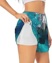 [JEJEA] West Indian Manatees Print Summer High-Waisted Athletic Shorts Women's Running Workout Shorts, Ideal for Gym Yoga Casual