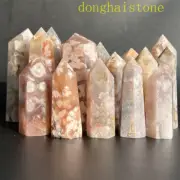 1pc Natural Cherry Blossom Agate Obelisk Quartz Crystal Tower Wand Point healing