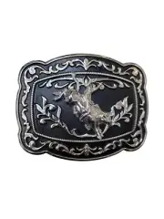 Cowboy Belt Buckle For Man Bull Rider 4.25"x3.25" Silver Tone/Black