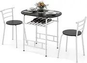 Giantex 3-Piece Dining Table Set, Kitchen Table and Chairs with Wood Grain Tabletop & Wine Rack, Metal Frame, Space-Saving Breakfast Dining Set for Kitchen, Dining Room, Office, Cafe, Balcony, Silver