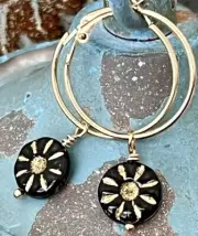 Jet Black and Gold Czech Picasso Bead Lever Back Earrings. Laguna Beach Boutique