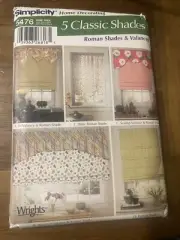 Simplicity Home Decor Pattern 5476 ~ Roman Shades & Valances ~ 5 Classic Shades