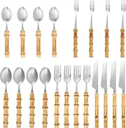 20Pcs Bamboo Silverware Set, Stainless Steel Spoon Fork and Cutter Set, Bamboo Handle Utensil Flatware Set, Bamboo Cutlery, Creative Dessert Forks and Spoons Set for Kitchen Wedding Home Party