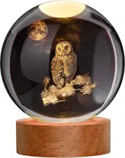 Large 3D Owl Crystal Ball Night Light, Owl Figurines in Crystal Lamp 16 Color Ch