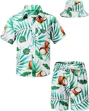 [TUNEVUSE] Little & Big Boys Hawaiian Button Down Shirts and Short Sets with Bucket Hat Summer Outfits Printed Kids Cabana Set