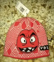 VOLCOM Faces Knit Beanie Orange White Black Winter Hat NEW Kids Youth Boys Girls