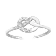 TJS 925 Sterling Silver Toe Ring Love Heart Knot Pretzel Clear CZ Adjustable