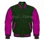 Baseball Varsity Letterman Bomber F-Green Wool & Genuine Pink Leather Sleeve