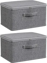 Gihioue Closet Quilt Organiser with Lid, 2 Large Storage Boxes with Zip Lid, Cupboard Basket with Handles for Organising Toys and Clothes