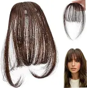 Clip in Bangs Real Human Hair, Natural Looking Wispy Bangs Hair Clip with Temples Hairpieces, Dark Brown Wigs Extensions for Women Girls Human
