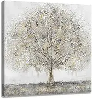 Woxfcart Abstract Gray Tree Wall Art with Gold Decor on Canvas, 28 x 28 inches