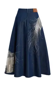 [Oscar de la Renta] Feather-Embroidered Denim Midi Skirt