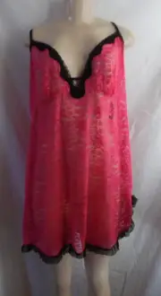 PINK BLACK LACE BABYDOLL SPAGHETTI STRAPS CHEMISE NIGHTGOWN BRA XL 16 - 18