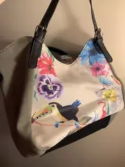 Desigual Multicolor Bag Summer Khaki Tropical Birds Print Two Sided Long Strap